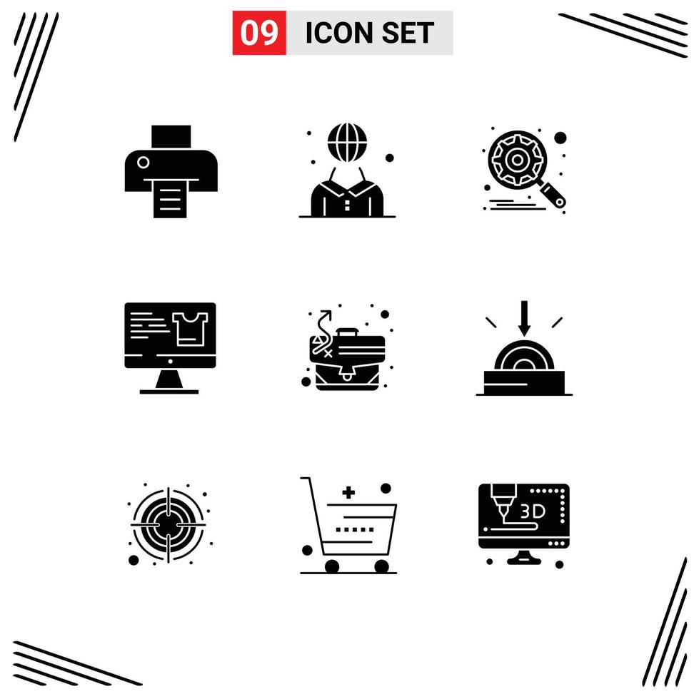 Modern Set of 9 Solid Glyphs Pictograph of strategy shopping engine monitor computer Editable Vector Design Elements