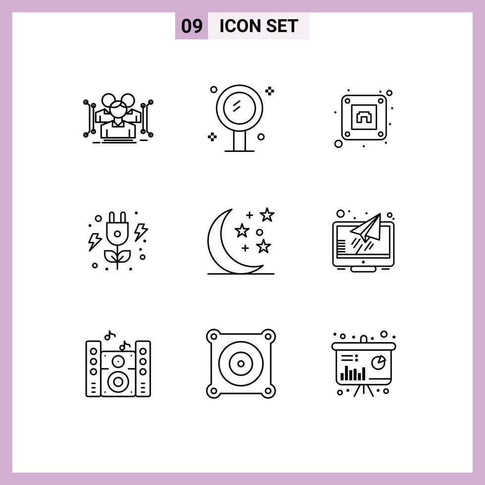 Set of 9 Modern UI Icons Symbols Signs for moon power mirror green plug Editable Vector Design Elements