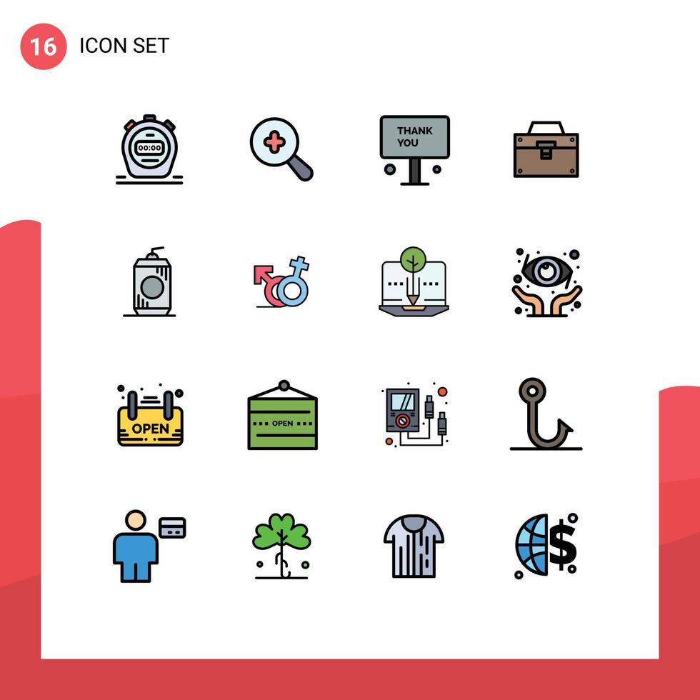 Pack of 16 creative Flat Color Filled Lines of cola toolkit thank material box Editable Creative Vector Design Elements