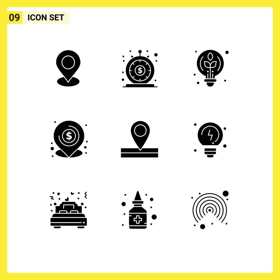 9 User Interface Solid Glyph Pack of modern Signs and Symbols of location loan quick lend bulb Editable Vector Design Elements