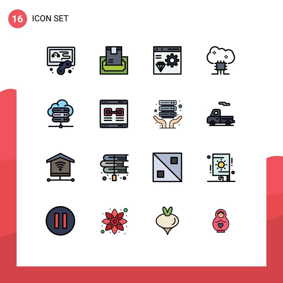 Group of 16 Flat Color Filled Lines Signs and Symbols for cloud software cloud networking app cloud database development Editable Creative Vector Design Elements