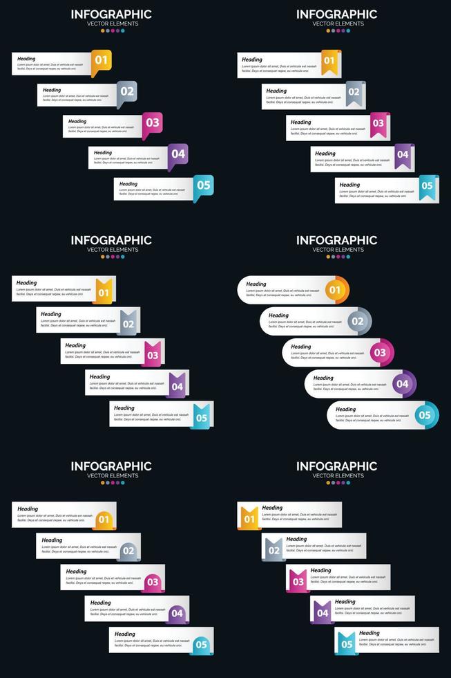 plantilla de diapositiva de presentación del paquete de infografías vectoriales 6 diagramas de ciclo de 5 pasos y líneas de tiempo vector