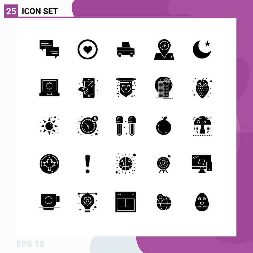 25 Universal Solid Glyph Signs Symbols of night moon user pills medical Editable Vector Design Elements