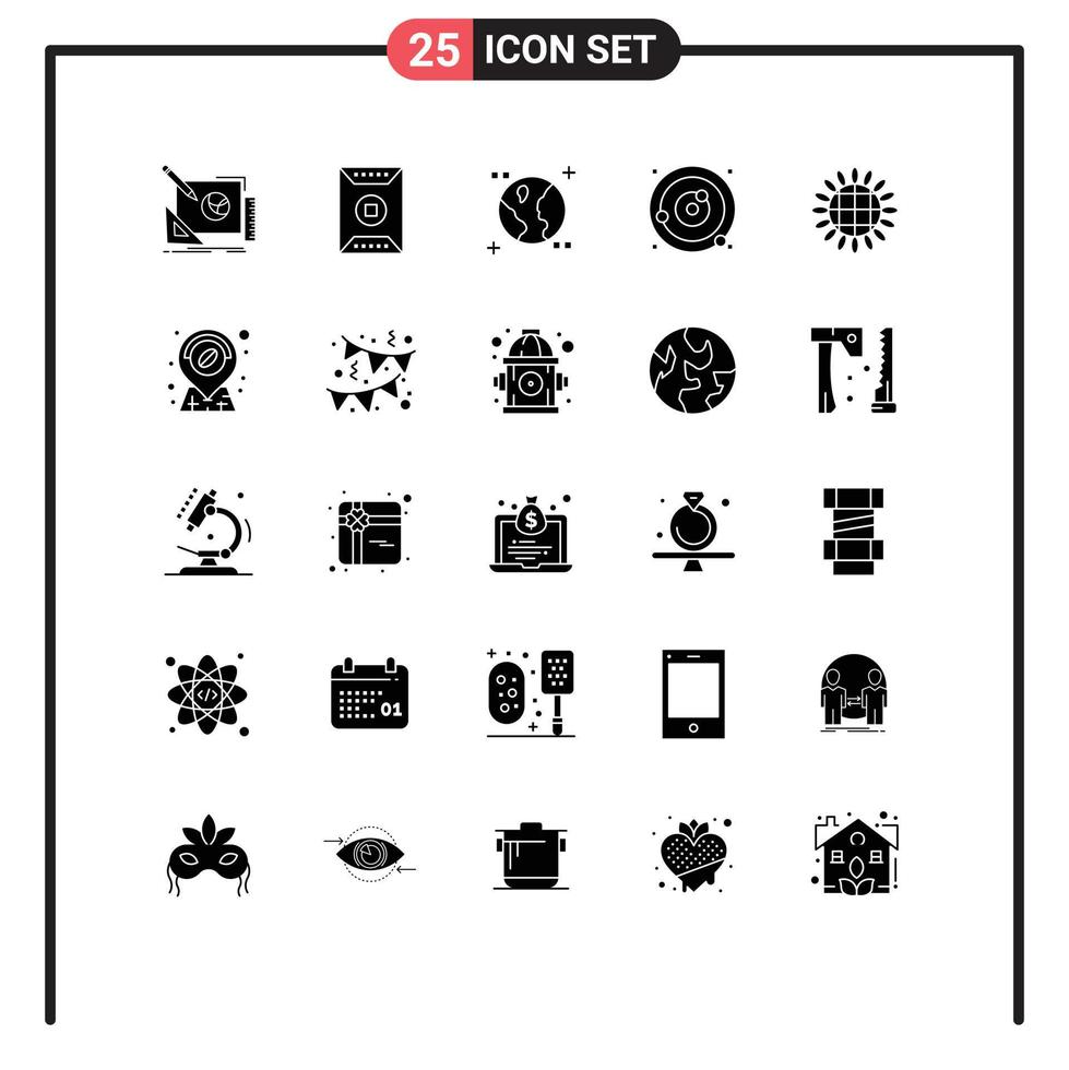 25 User Interface Solid Glyph Pack of modern Signs and Symbols of sphere planets orbiting sports planetary system space Editable Vector Design Elements