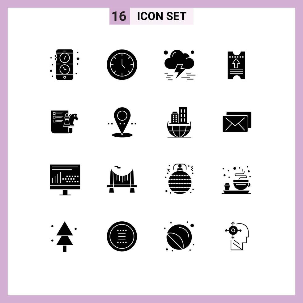 Pack of 16 Modern Solid Glyphs Signs and Symbols for Web Print Media such as business arrow cloud hotel ticket Editable Vector Design Elements