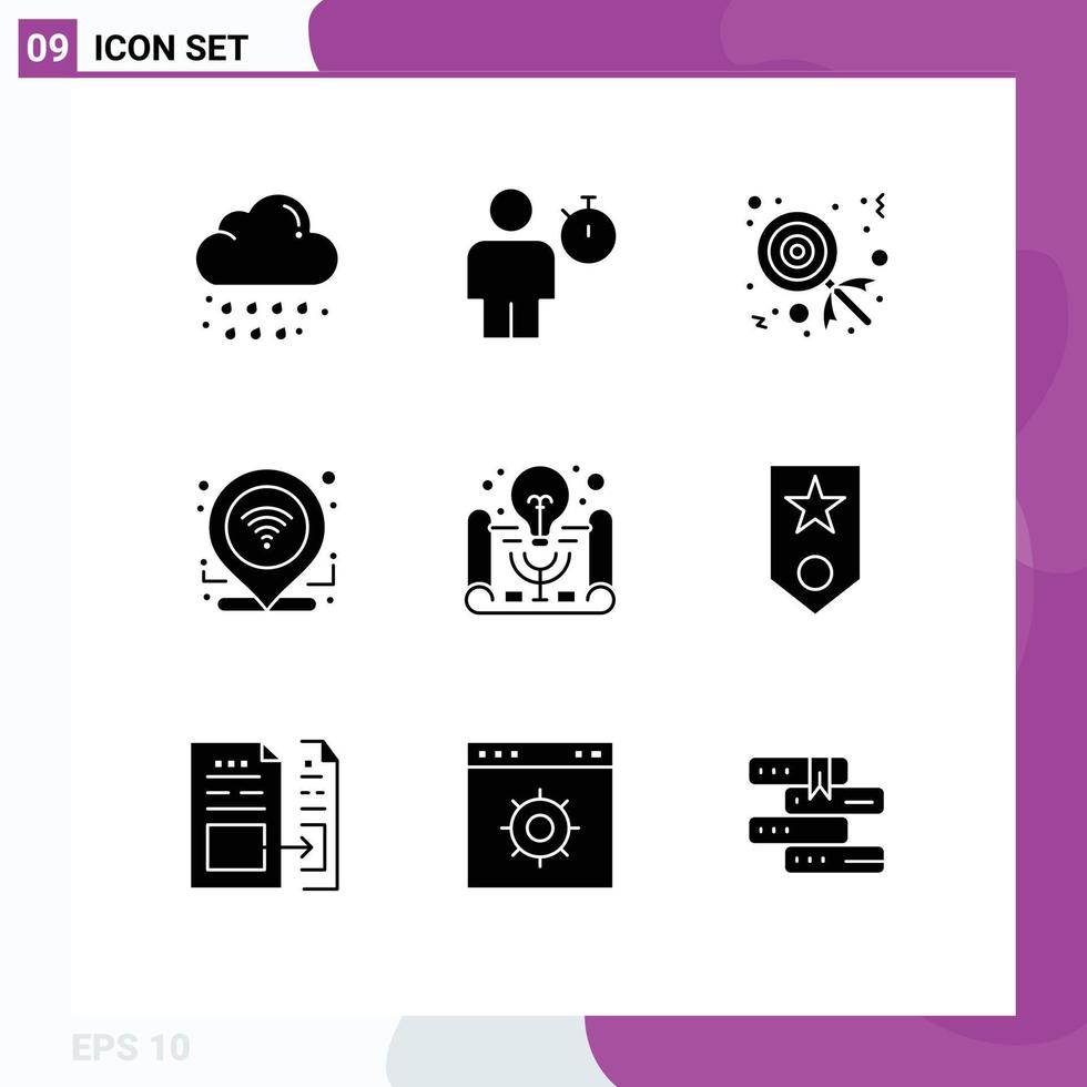 Set of 9 Vector Solid Glyphs on Grid for business idea connection timer location check in Editable Vector Design Elements