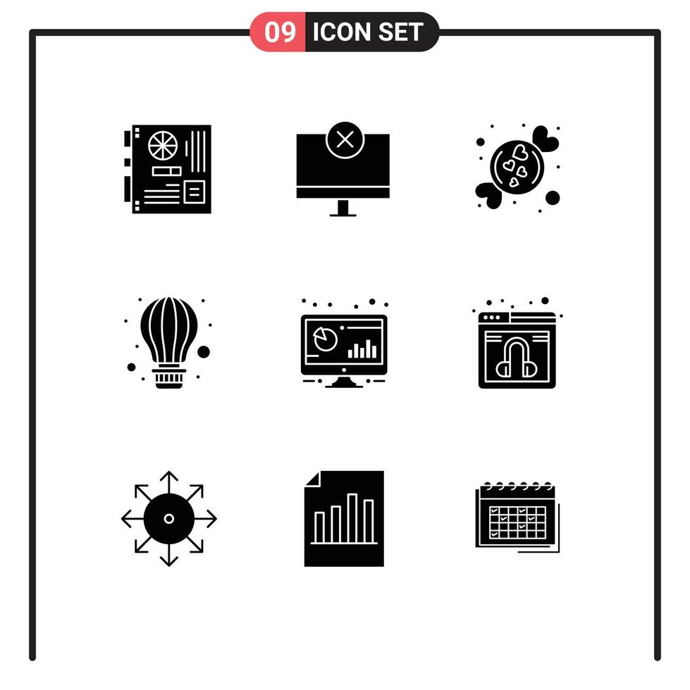 Group of 9 Modern Solid Glyphs Set for hot air balloon hardware air romantic Editable Vector Design Elements