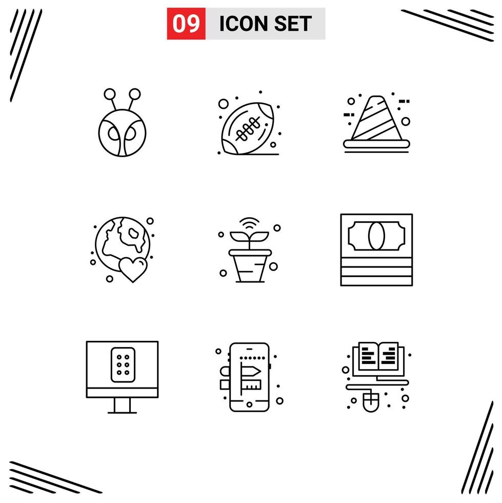 Pictogram Set of 9 Simple Outlines of internet love build world earth Editable Vector Design Elements