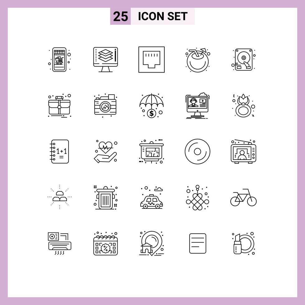 25 Universal Lines Set for Web and Mobile Applications case drive ethernet disk drink Editable Vector Design Elements