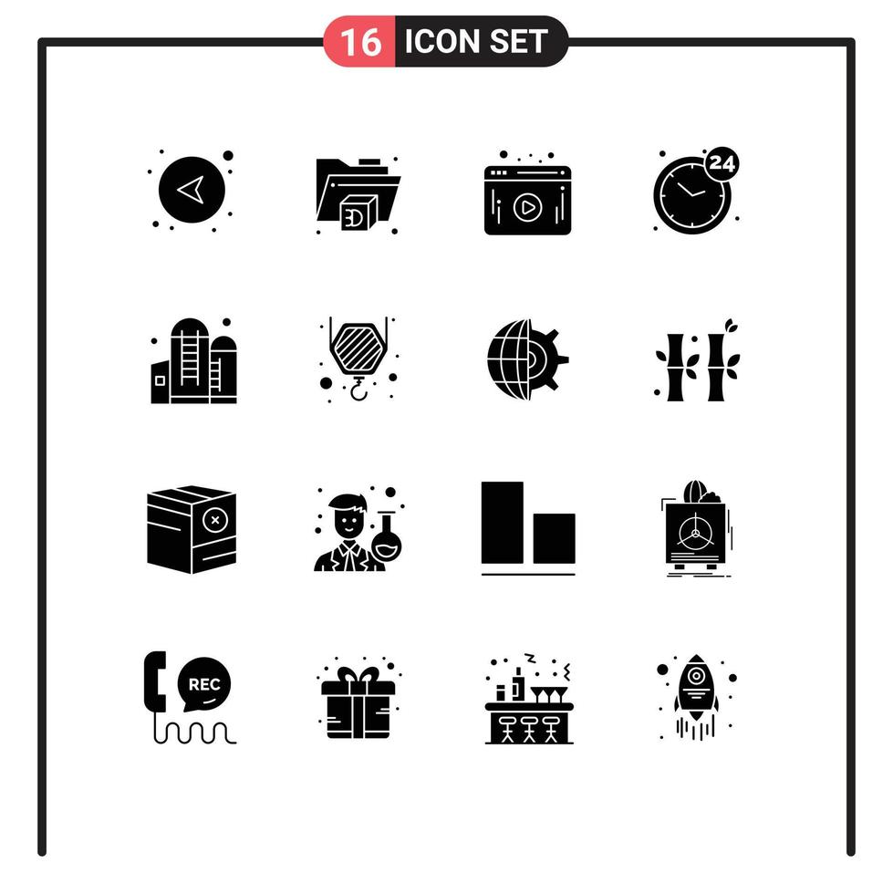 Set of 16 Commercial Solid Glyphs pack for construction grain player container service Editable Vector Design Elements