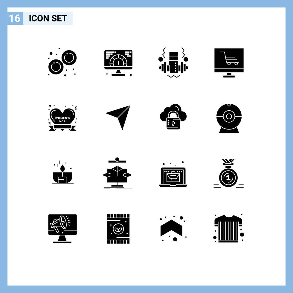 Pictogram Set of 16 Simple Solid Glyphs of happy badge dumbbell startup product Editable Vector Design Elements