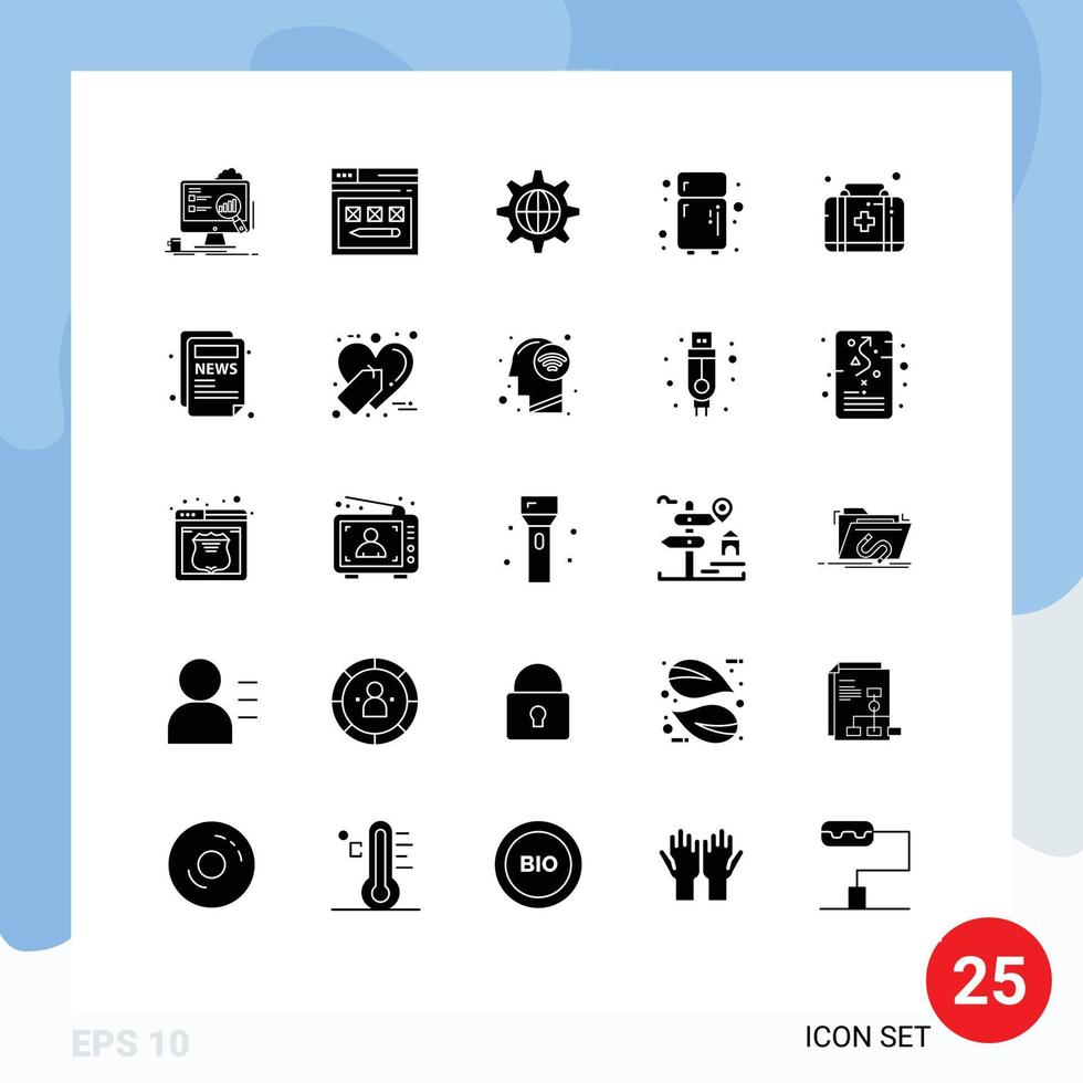 25 Universal Solid Glyphs Set for Web and Mobile Applications first aid kitchen website electronic globe Editable Vector Design Elements