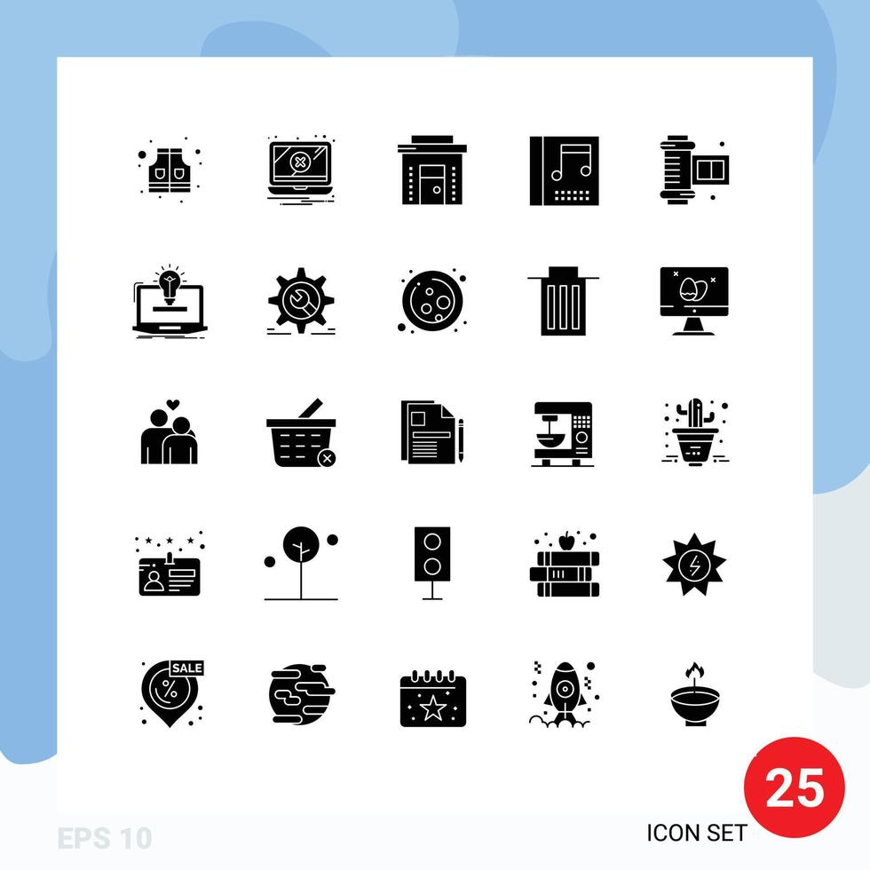 Solid Glyph Pack of 25 Universal Symbols of camera roll film ancient camera roll commercial music album Editable Vector Design Elements