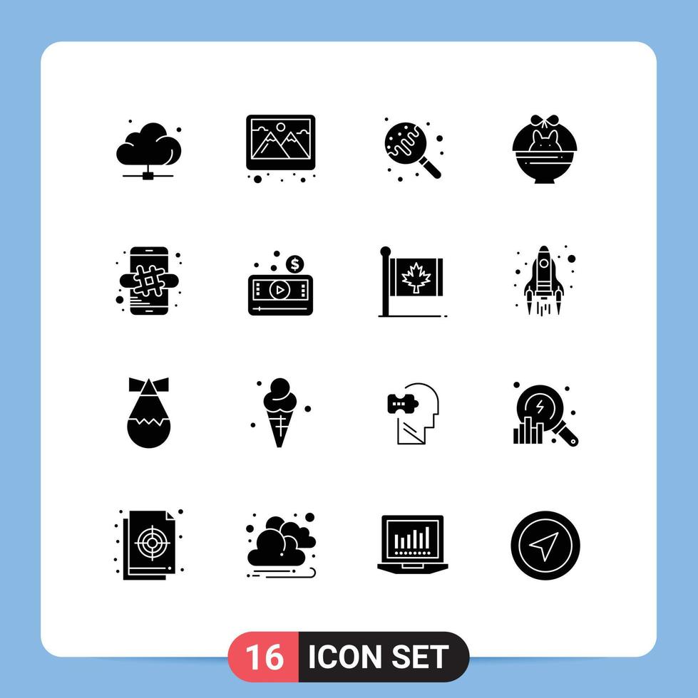 16 Universal Solid Glyphs Set for Web and Mobile Applications hash tag baby decoration cart sweets Editable Vector Design Elements