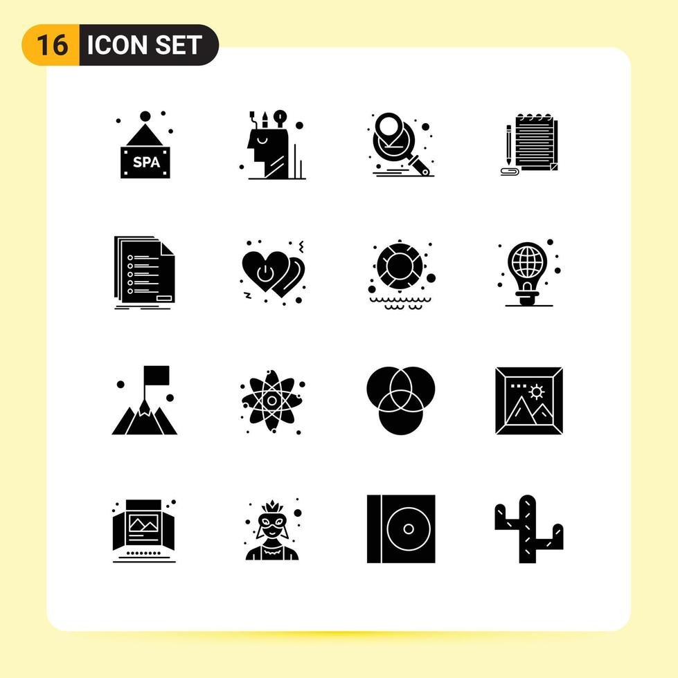 16 Thematic Vector Solid Glyphs and Editable Symbols of list check marketing campaign novel notebook Editable Vector Design Elements