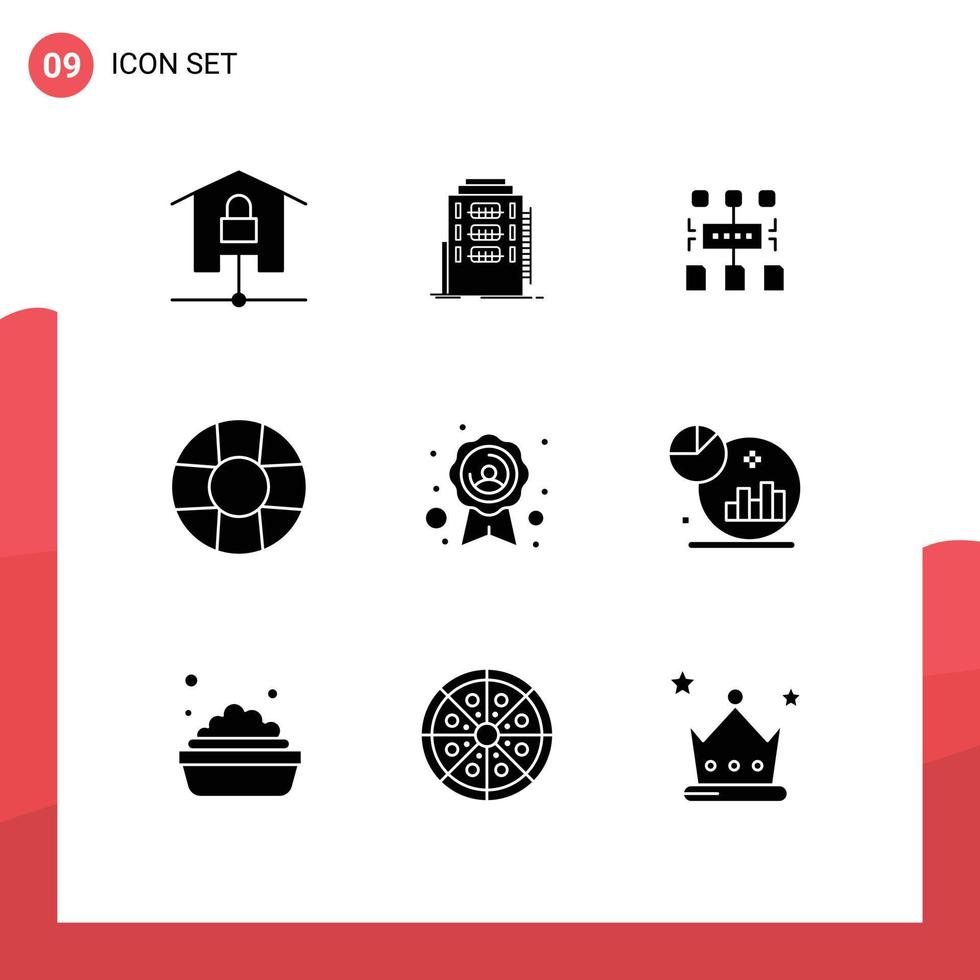 9 User Interface Solid Glyph Pack of modern Signs and Symbols of quality badge lifebuoy hostel help user Editable Vector Design Elements