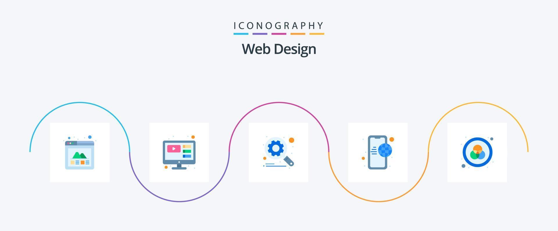 Web Design Flat 5 Icon Pack Including mobile internet. internet. magnifier. globe. seo vector