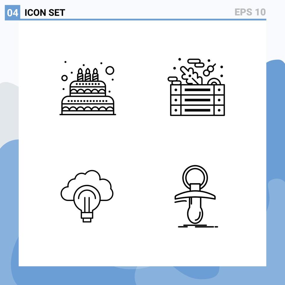 Mobile Interface Line Set of 4 Pictograms of cake light candle vegetables focus Editable Vector Design Elements