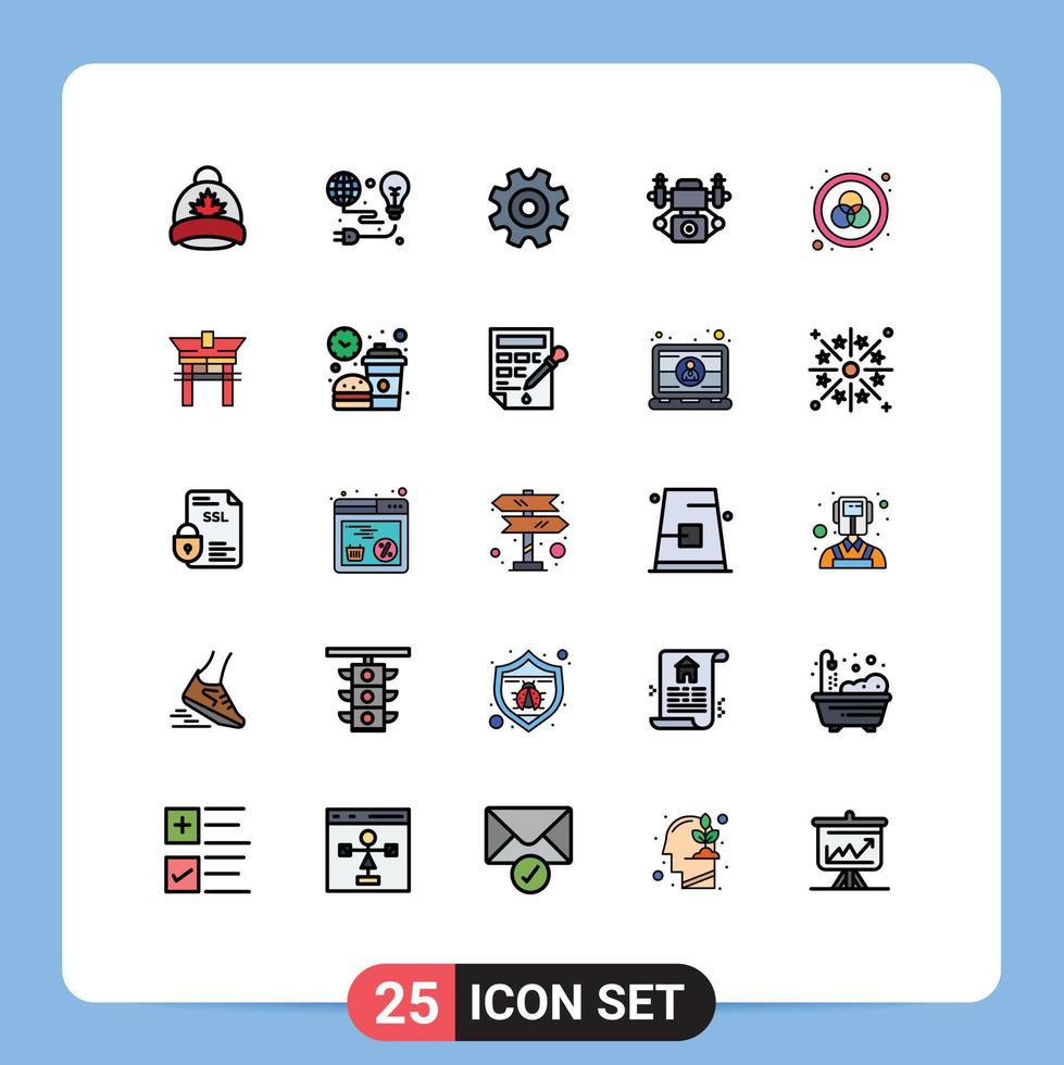 Modern Set of 25 Filled line Flat Colors Pictograph of rgb technology bulb camera wheel Editable Vector Design Elements