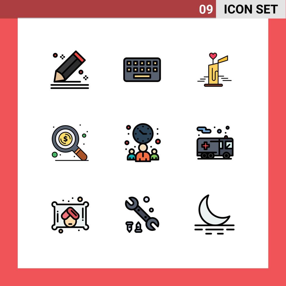 9 User Interface Filledline Flat Color Pack of modern Signs and Symbols of meeting search key money heart Editable Vector Design Elements