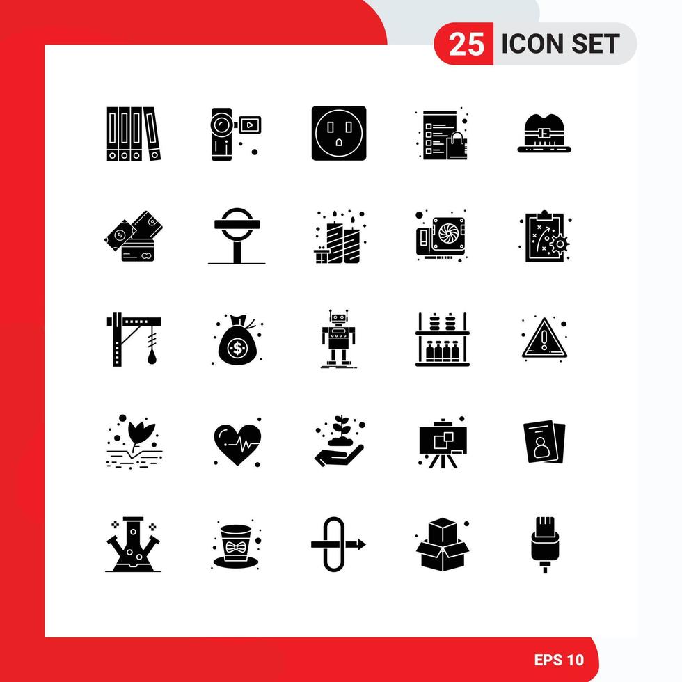 Solid Glyph Pack of 25 Universal Symbols of money canada socket hat shop Editable Vector Design Elements