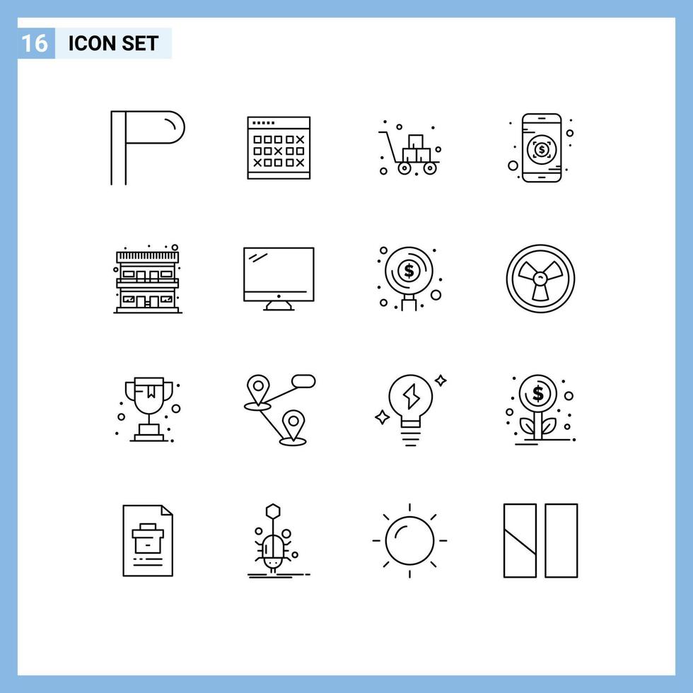 Group of 16 Outlines Signs and Symbols for motel investment timetable banking fragile Editable Vector Design Elements