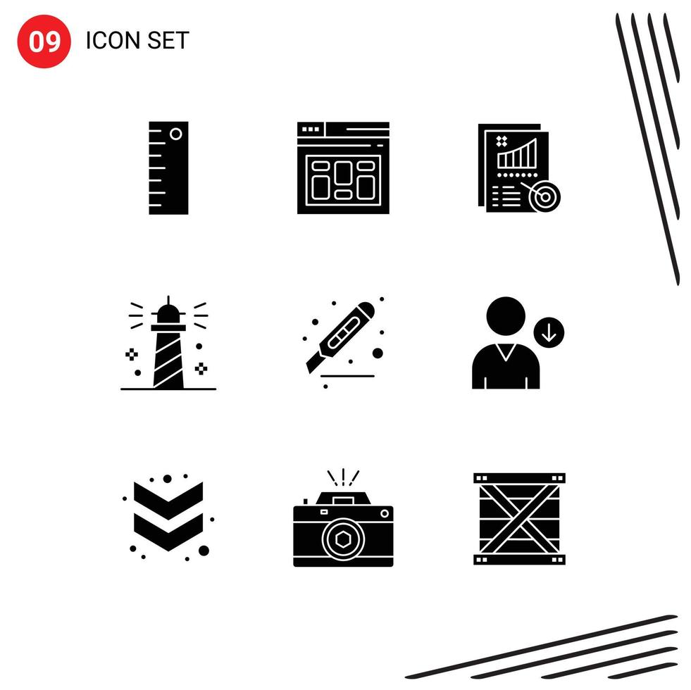 Set of 9 Vector Solid Glyphs on Grid for cutter water metrics sea lighthouse Editable Vector Design Elements