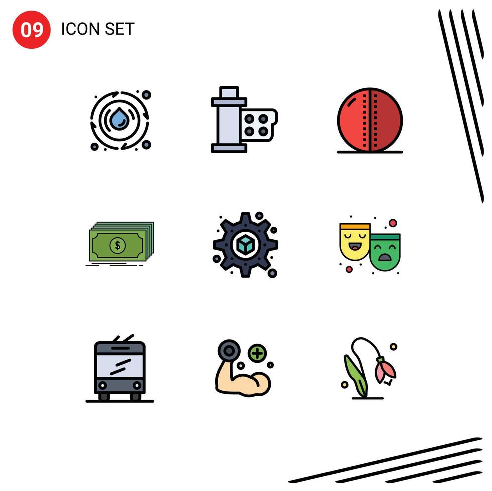 Stock Vector Icon Pack of 9 Line Signs and Symbols for funds dollar reel cash solid ball Editable Vector Design Elements
