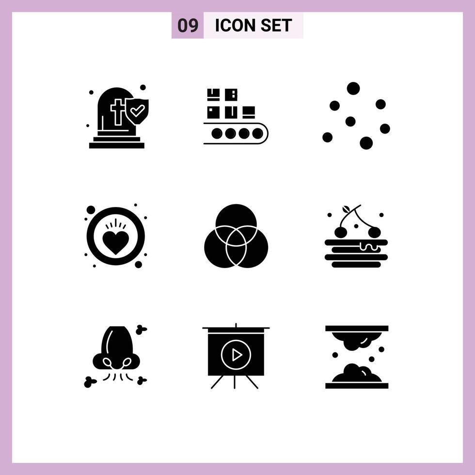 Modern Set of 9 Solid Glyphs and symbols such as intersection circles production care health Editable Vector Design Elements