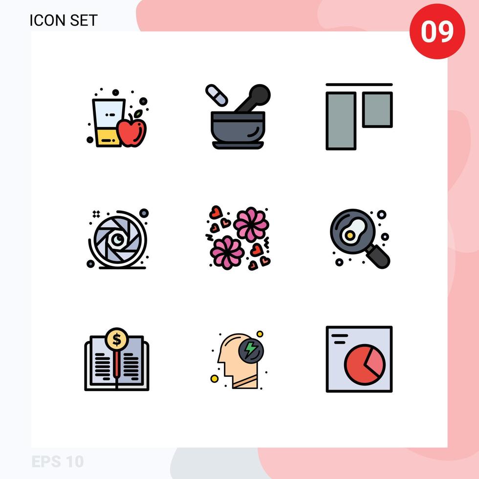 Pictogram Set of 9 Simple Filledline Flat Colors of gift lens aperture soup camera shutter camera Editable Vector Design Elements