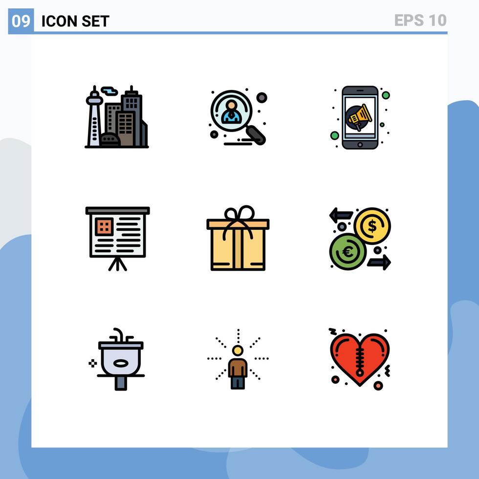 9 paquete de color plano de línea de relleno de interfaz de usuario de signos y símbolos modernos de regalo de motivación elementos de diseño de vector editables de altavoz de gráfico preseleccionado