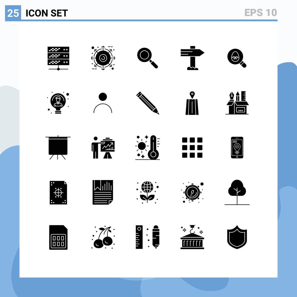 Mobile Interface Solid Glyph Set of 25 Pictograms of holiday egg search search map Editable Vector Design Elements