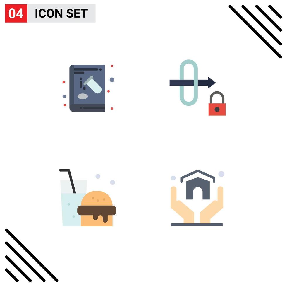 4 Universal Flat Icons Set for Web and Mobile Applications book fast food education lock estate Editable Vector Design Elements