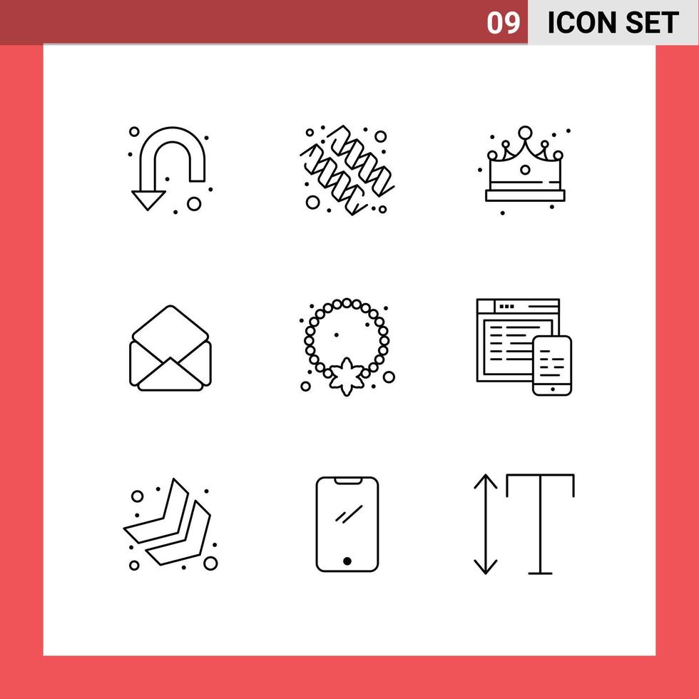 Set of 9 Vector Outlines on Grid for necklace jewelry crown open mail Editable Vector Design Elements