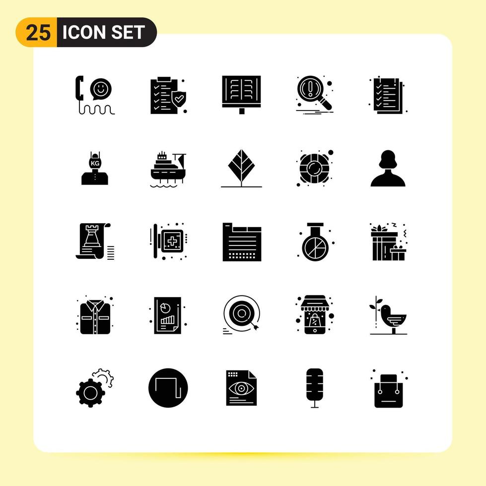 Pack of 25 Modern Solid Glyphs Signs and Symbols for Web Print Media such as document notification medical magnifier xray Editable Vector Design Elements
