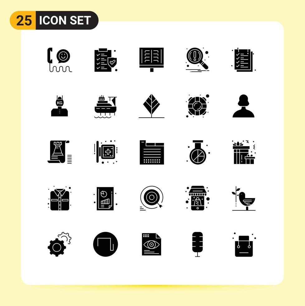 paquete de 25 signos y símbolos de glifos sólidos modernos para medios de impresión web, como notificación de documentos, lupa médica, elementos de diseño de vectores editables de rayos x