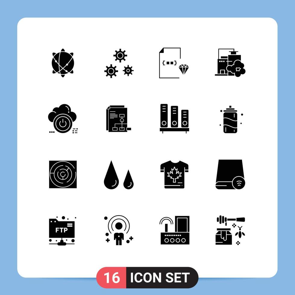 Set of 16 Commercial Solid Glyphs pack for shutdown landscape coding industry file Editable Vector Design Elements