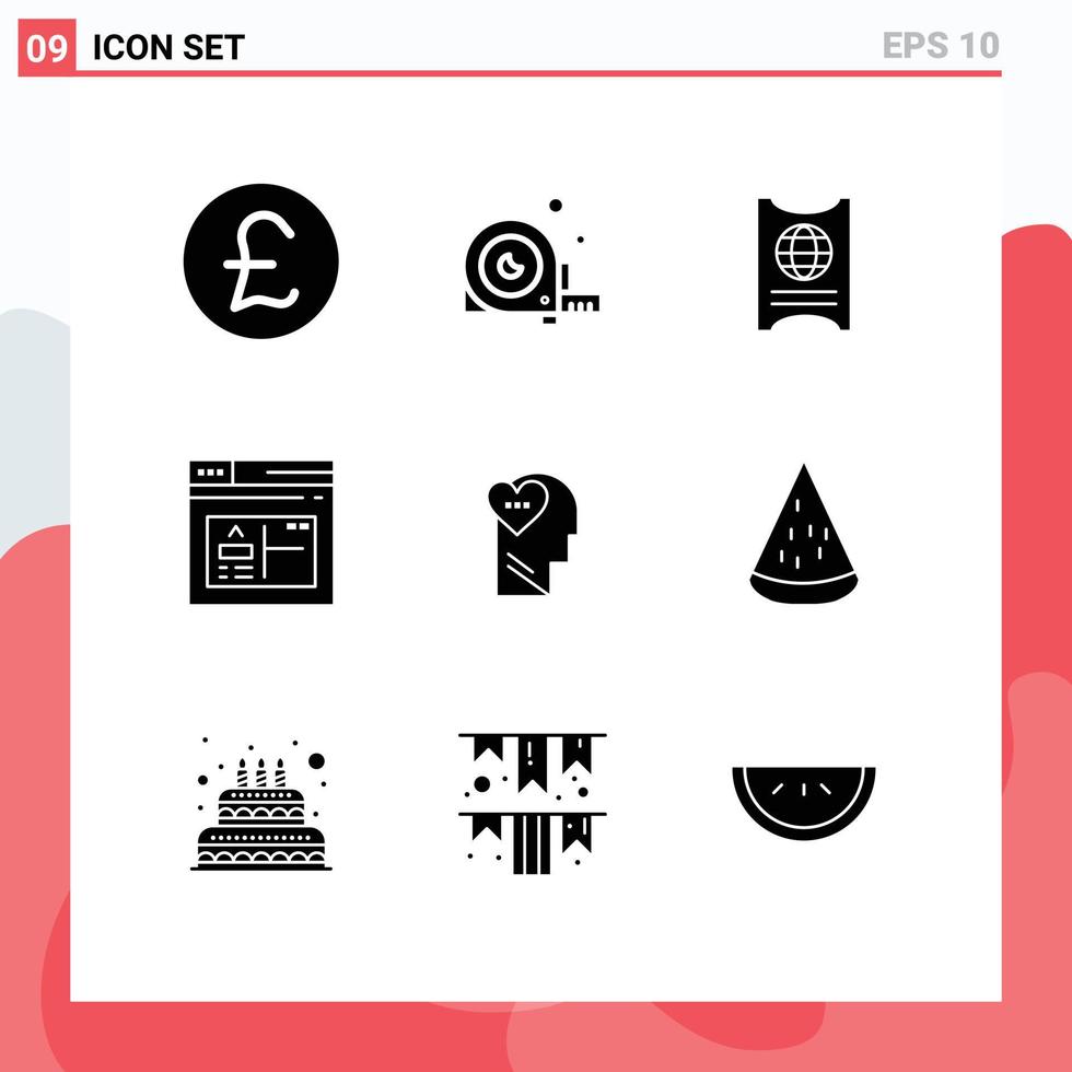 Mobile Interface Solid Glyph Set of 9 Pictograms of love web pass page application Editable Vector Design Elements