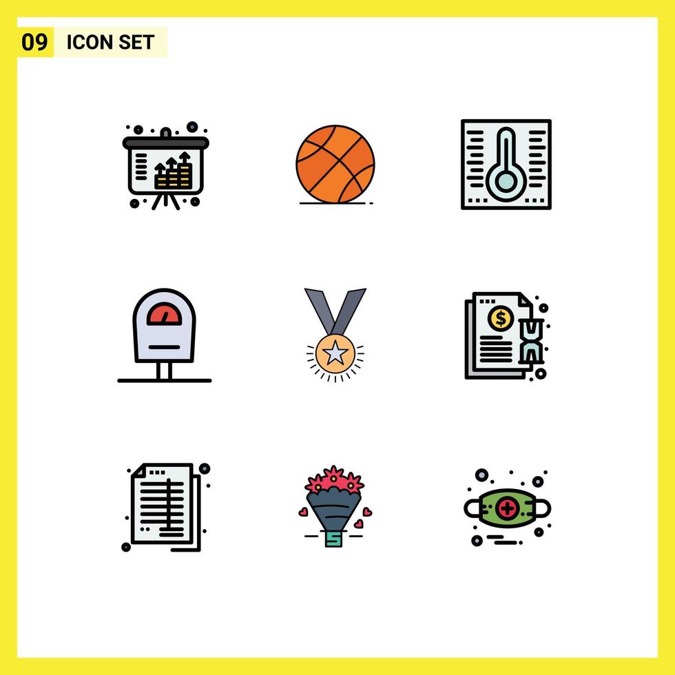 Mobile Interface Filledline Flat Color Set of 9 Pictograms of rank honor mercury award meter Editable Vector Design Elements