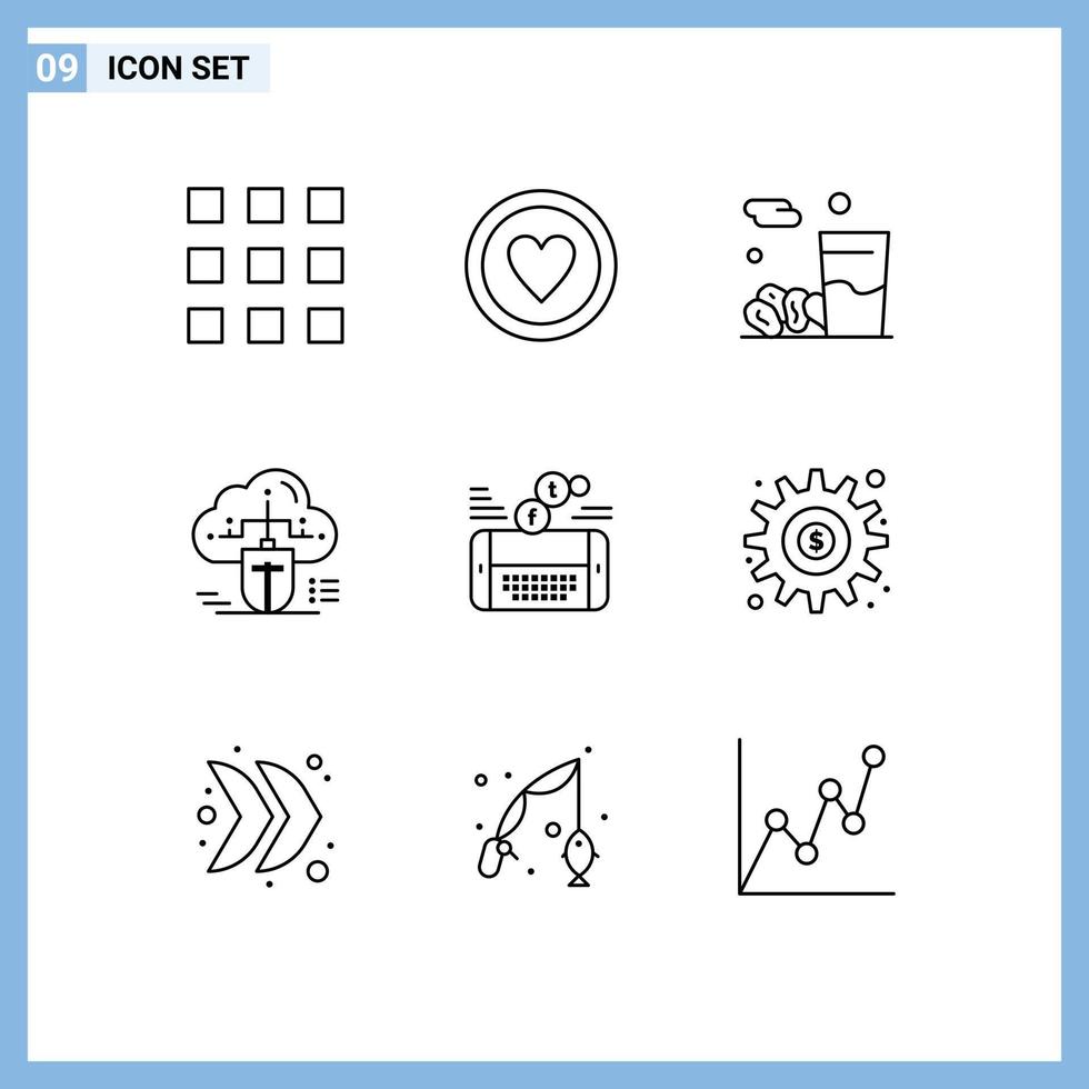 Editable Vector Line Pack of 9 Simple Outlines of social mobile iftar data connected Editable Vector Design Elements