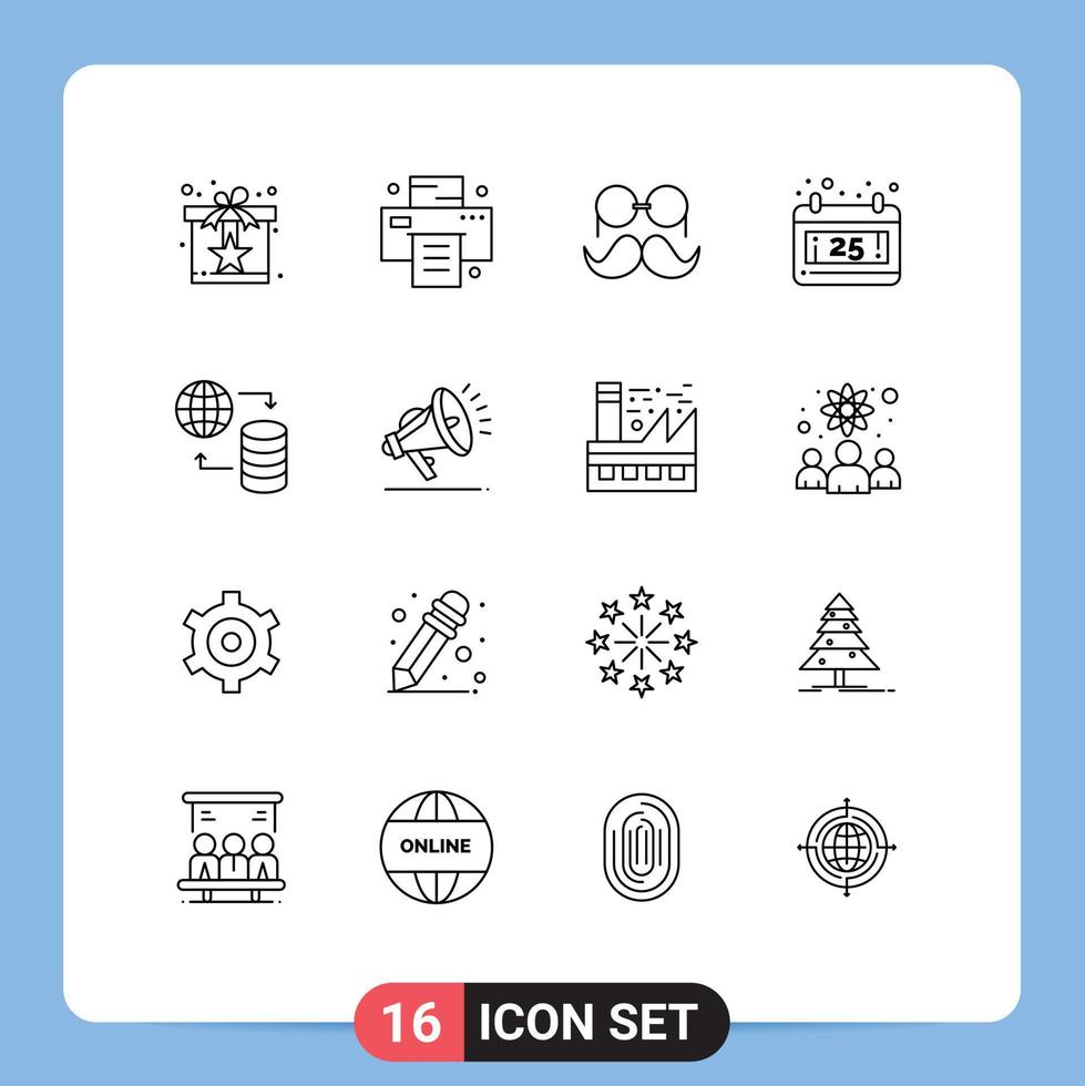 Pack of 16 Modern Outlines Signs and Symbols for Web Print Media such as world date moustache christmas men Editable Vector Design Elements