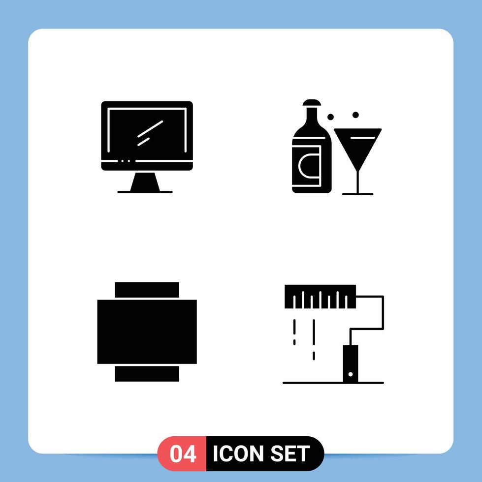 Mobile Interface Solid Glyph Set of 4 Pictograms of computer layout imac glass coding Editable Vector Design Elements