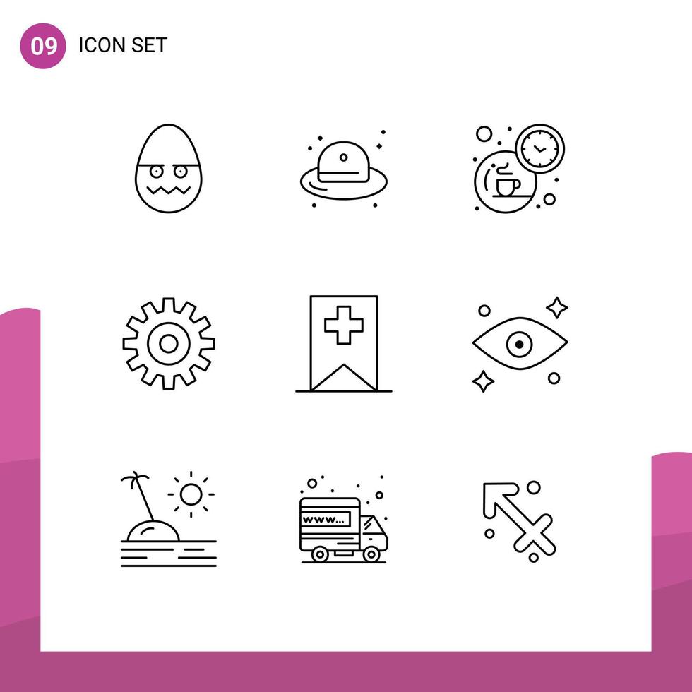 User Interface Pack of 9 Basic Outlines of plus cogs break wheel gear Editable Vector Design Elements