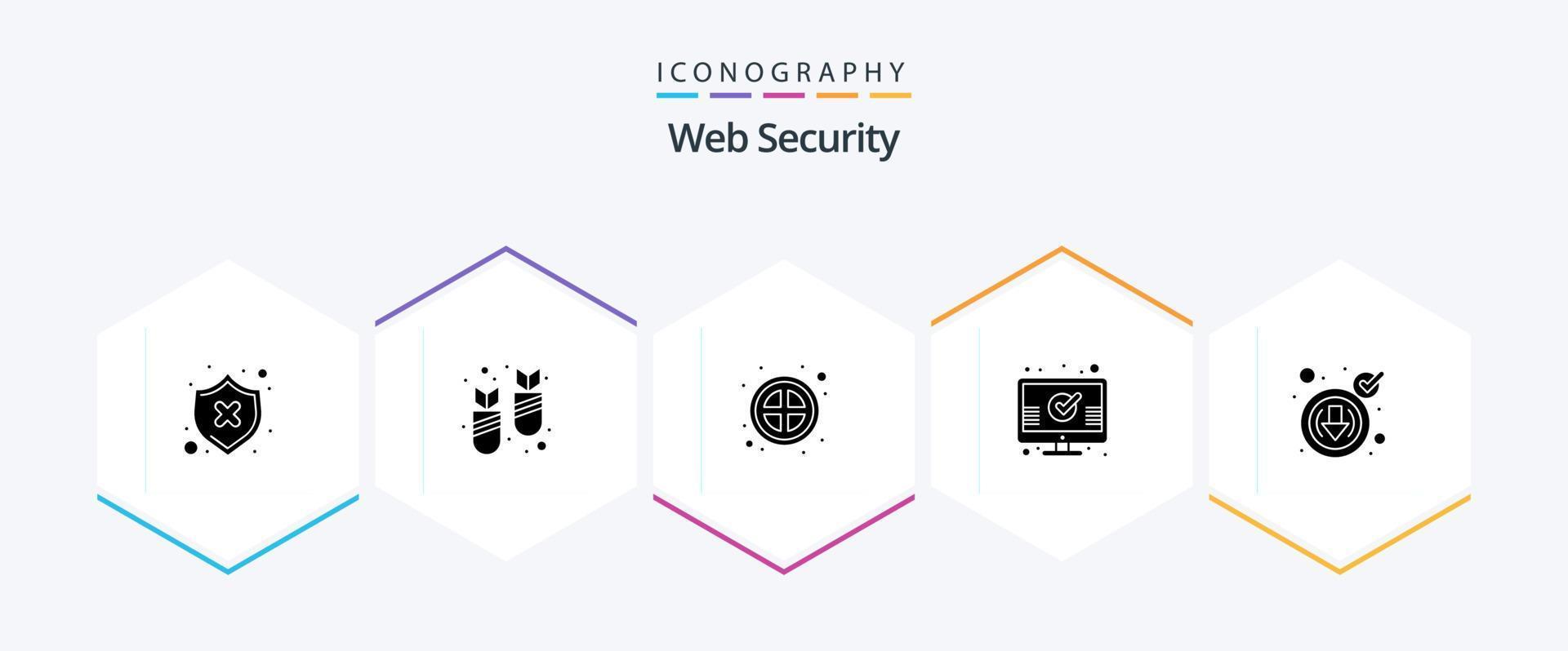 Web Security 25 Glyph icon pack including check. monitor. virus. mark. ui vector