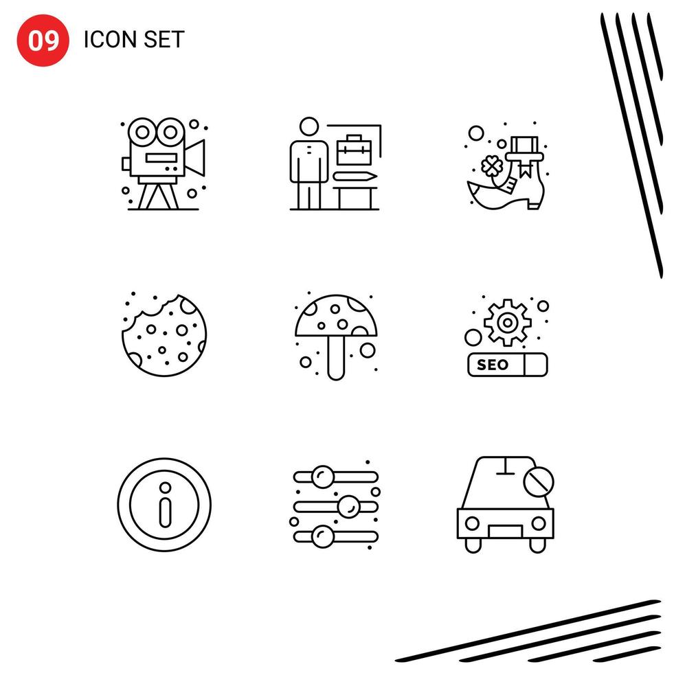 paquete de 9 signos y símbolos de contornos modernos para medios de impresión web, como ingredientes alimentarios, alimentos, empresarios, postres, horneados, elementos de diseño vectorial editables vector