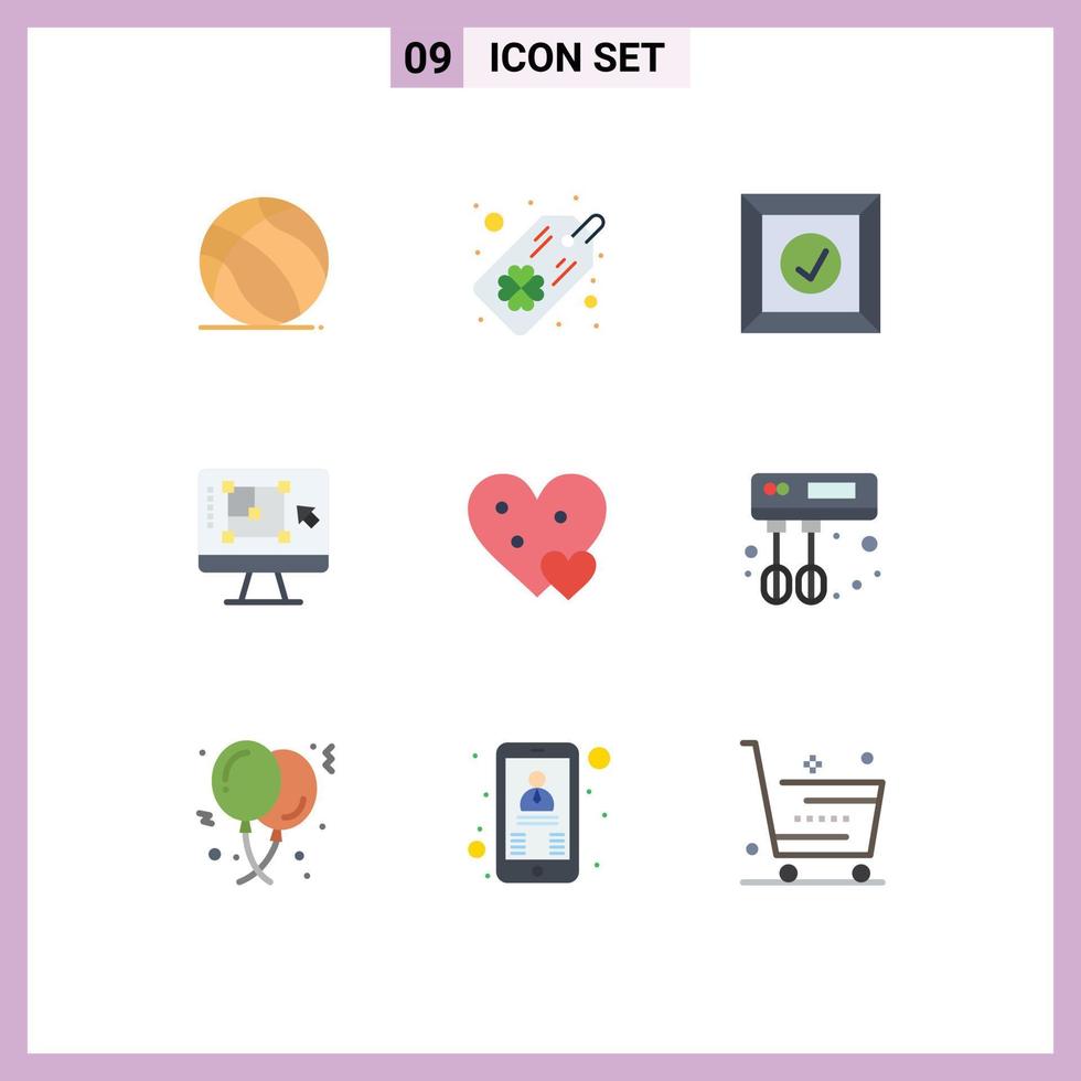 paquete de 9 signos y símbolos de colores planos modernos para medios de impresión web, como elementos de diseño de vectores editables de la herramienta de diseño de aumento de entrega de corazón