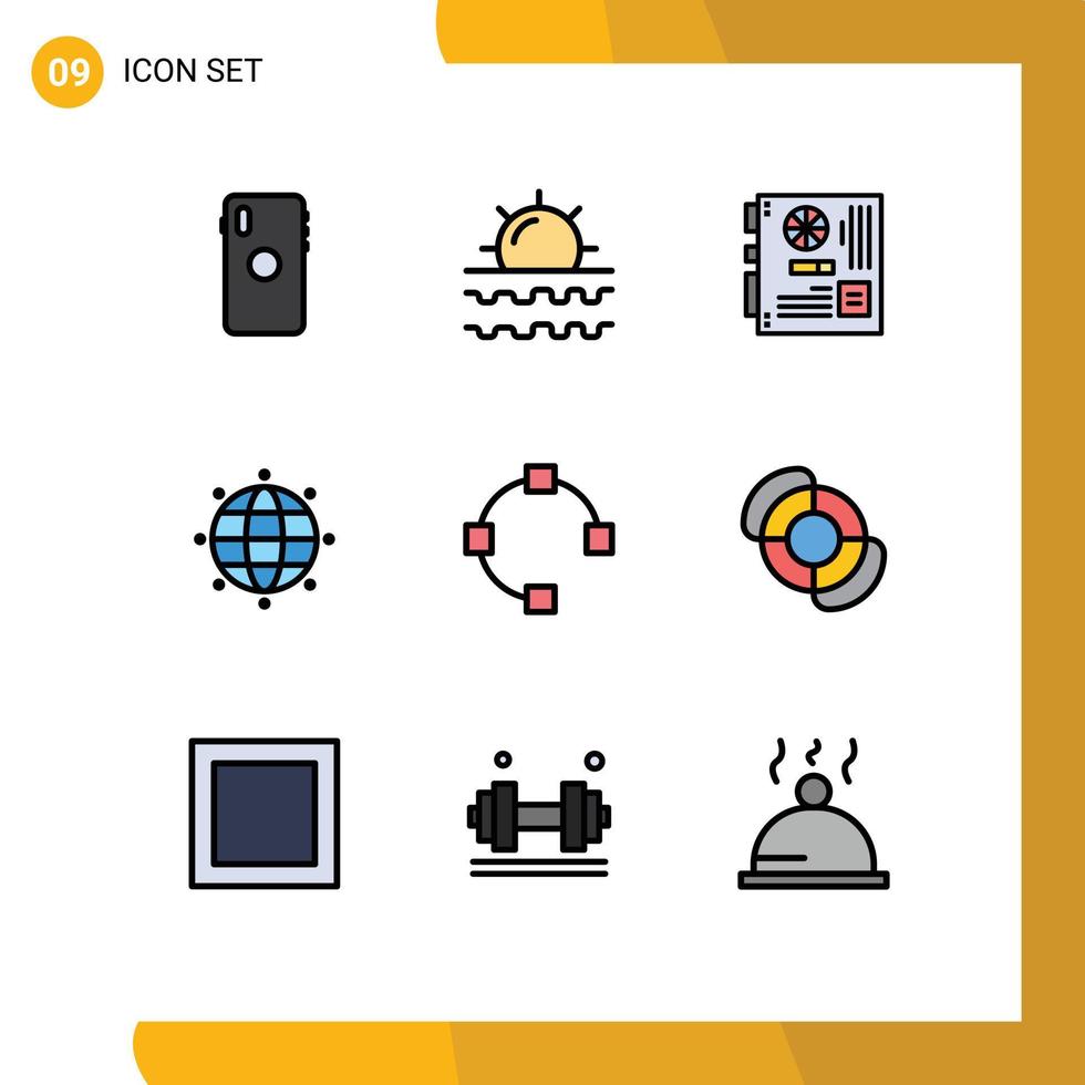 Filledline Flat Color Pack of 9 Universal Symbols of world global travel motherboard mainboard Editable Vector Design Elements