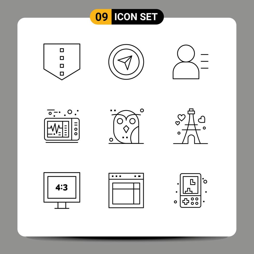 Modern Set of 9 Outlines and symbols such as love study electrocardiogram owl bird Editable Vector Design Elements