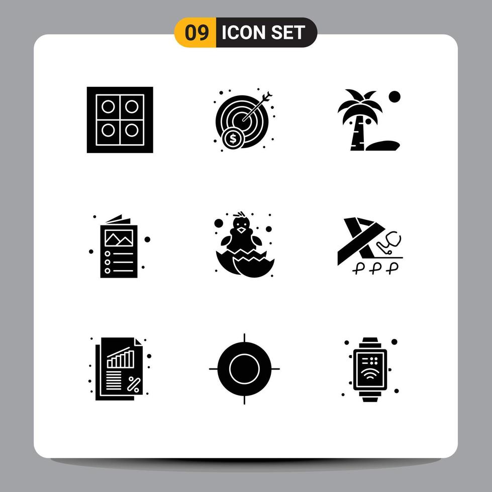 9 Thematic Vector Solid Glyphs and Editable Symbols of happy baby chicken plant baby catalog Editable Vector Design Elements