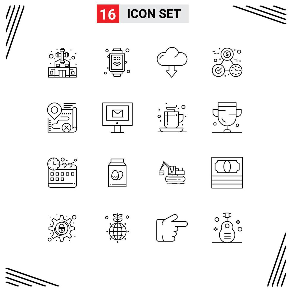 paquete de 16 signos y símbolos de contornos modernos para medios de impresión web como el mapa de destino flecha perfección dinero elementos de diseño de vectores editables